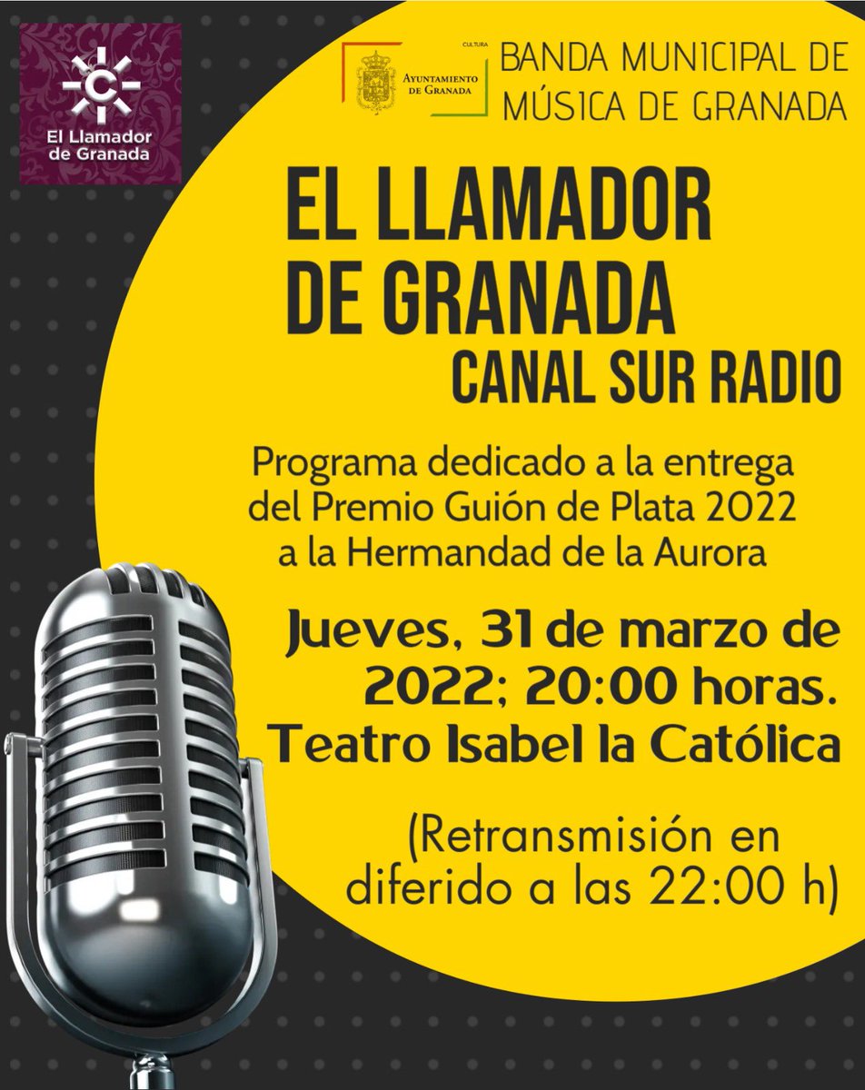 Este jueves 31 de marzo participaremos en el programa <a href="/LlamadorGranada/">El Llamador de Granada</a> de Canal Sur Radio que se grabará en el Teatro Isabel la Católica a las 20:00 h y se retransmitirá ese mismo día a las 22:00 h.
