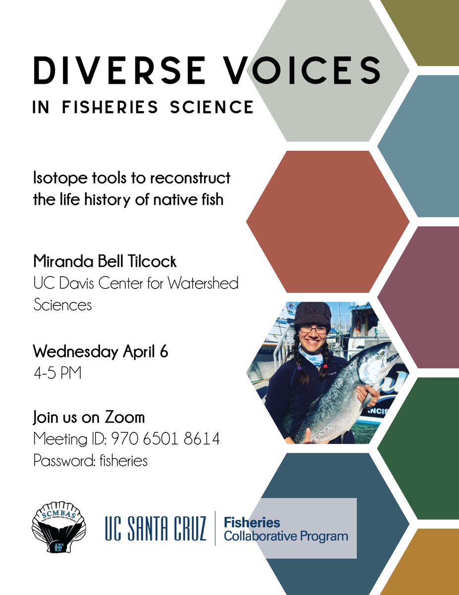 Santa Cruz - Monterey Bay Area Subunit of AFS (@scmbas_afs) on Twitter photo The seminar series Diverse Voices in Fisheries Science begins next week! Miranda Bell Tilcock (<a href="/eyeballMir/">Miranda Tilcock</a>) of UC Davis Center for Watershed Science (<a href="/UCDavisWater/">UC Davis Center for Watershed Sciences</a>) is our first presenter! Join us on Wednesday, April 6th 4-5 PM!
Zoom Info:
ID: 970 6501 8614
Password: fisheries The seminar series Diverse Voices in Fisheries Science begins next week! Miranda Bell Tilcock (<a href="/eyeballMir/">Miranda Tilcock</a>) of UC Davis Center for Watershed Science (<a href="/UCDavisWater/">UC Davis Center for Watershed Sciences</a>) is our first presenter! Join us on Wednesday, April 6th 4-5 PM!
Zoom Info:
ID: 970 6501 8614
Password: fisheries