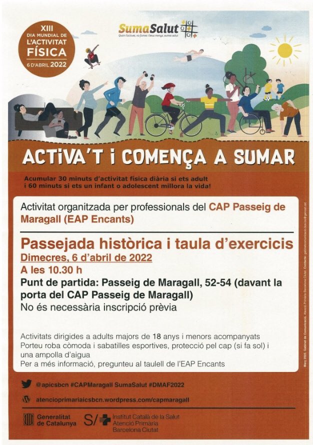 Raquel Gayarre (@raquelgayarre) on Twitter photo El miércoles 6 de abril a las 10.30 h estáis invitados <a href="/FomentMartinenc/">Foment Martinenc</a> <a href="/CasadeCuenca/">Casa de Cuenca</a> <a href="/XarxaCasals_StM/">XarxaCasals St.Martí</a> <a href="/NavasCC/">CC Navas</a> a celebrar el día de la actividad física con el #EAPEncants en el #CAPMaragall
Ven a caminar y te sorprenderás con la historia de tu barrio. El miércoles 6 de abril a las 10.30 h estáis invitados <a href="/FomentMartinenc/">Foment Martinenc</a> <a href="/CasadeCuenca/">Casa de Cuenca</a> <a href="/XarxaCasals_StM/">XarxaCasals St.Martí</a> <a href="/NavasCC/">CC Navas</a> a celebrar el día de la actividad física con el #EAPEncants en el #CAPMaragall
Ven a caminar y te sorprenderás con la historia de tu barrio.