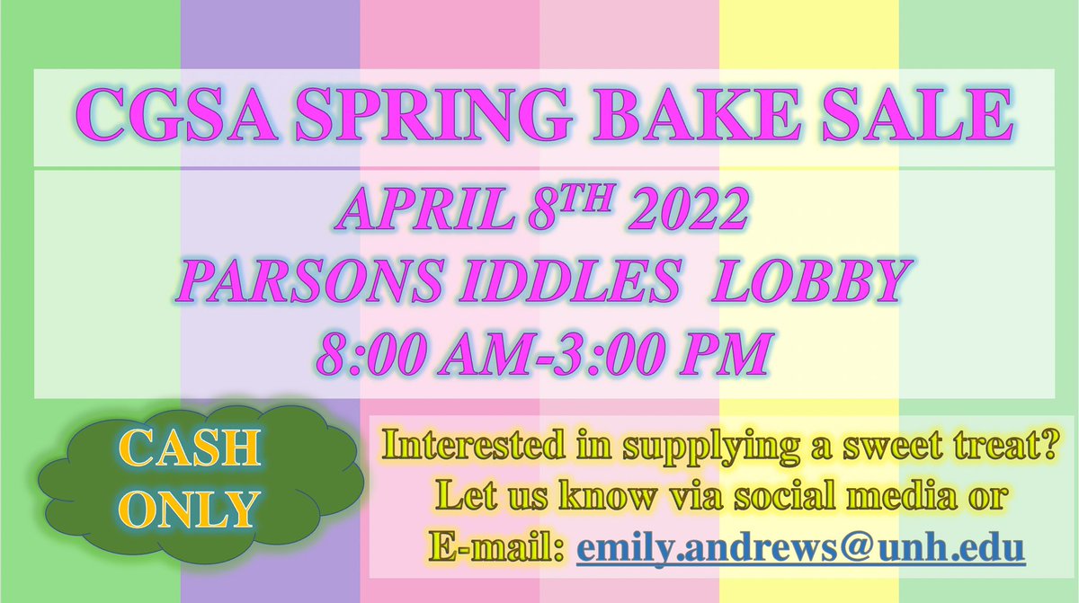 unhCGSA's tweet photo. CGSA is having a Spring Bake Sale on April 8th! We would love for additional contributions of baked goods. If you want to show off your baking skills, shoot us a message! All proceeds will go to funding chemistry graduate students events and activities! https://t.co/XEoP0KN7Y8