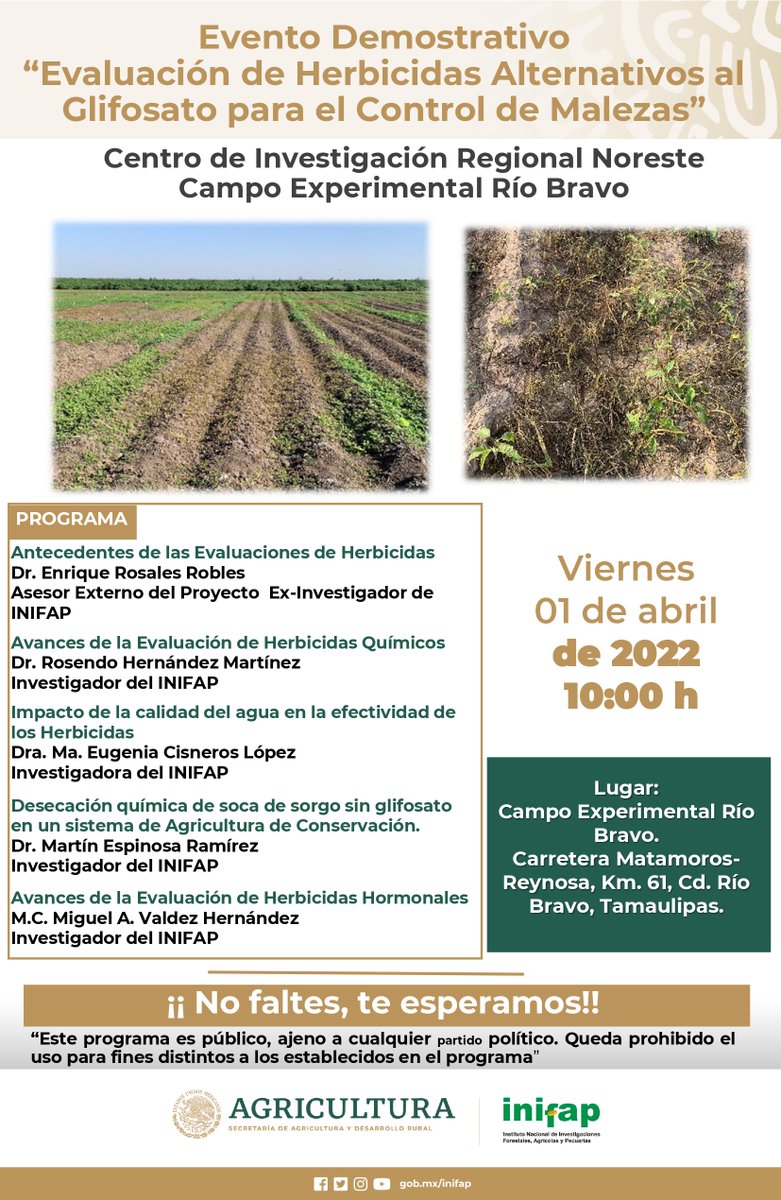 El #INIFAP 🍃 desarrolla herbicidas alternativos para el control de malezas 🦗🐛, es por ello que te invita a este 🌱 Evento Demostrativo 🌱 del #CIRNE.

¡NO TE LO PIERDAS!

📆 1 de abril a las 13:00 h