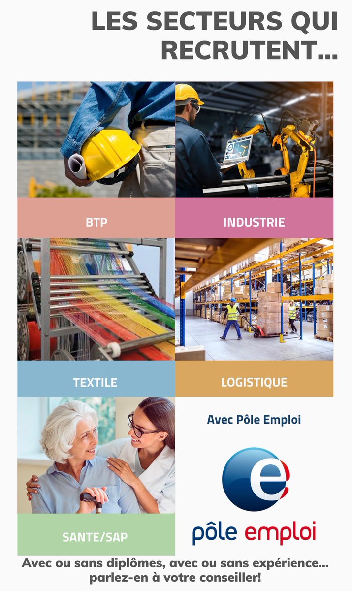 Information: Quoi faire? Pas le diplôme? Pas l’expérience?🤔:
👉5 secteurs recrutent sans diplômes, ni expérience obligatoire. Des milliers de possibilités (emploi, formation, apprentissage).
Contacter votre conseiller! #onestlapourvous
<a href="/Treutenaeres/">s. Treutenaere</a> <a href="/sferetwitt/">Stephanie Feron</a> @poleemploi_HDF