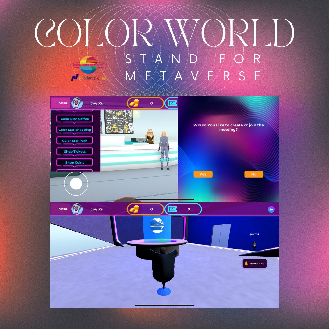 ColorStarTechn1's tweet photo. Still using Zoom and Google Meet? 
Download Color World APP now to create your own avatars and experience different online meetings. 
NASDAQ: CSCW
#NFT #Metaverse #Meta #Crypto #sports #lifestyle #gaming https://t.co/tIffGq2olp