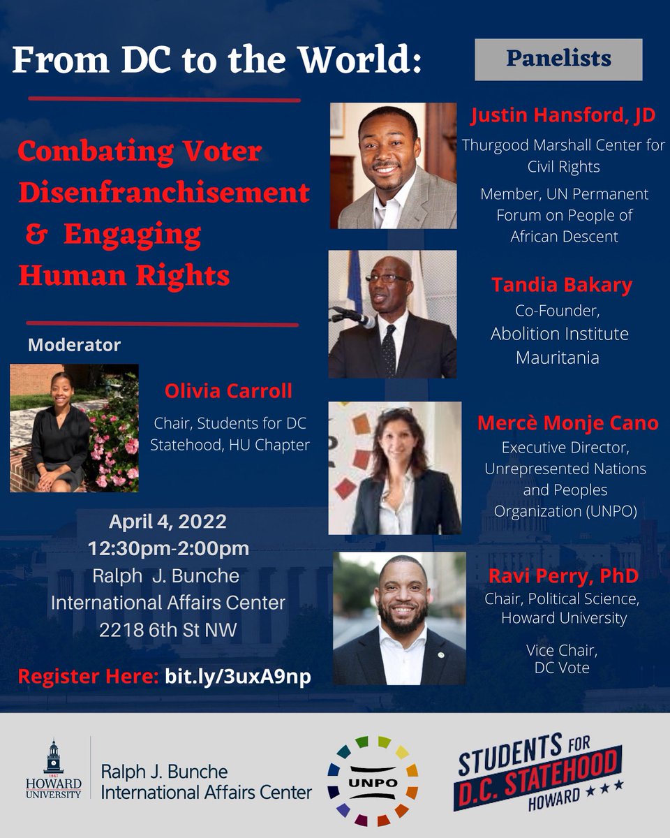 Join us this Monday, April 4th, for a discussion on human rights, anti-slavery, and how DC statehood relates to these greater causes. We will also discuss how we can use UN human rights mechanism to create reform. This is not to be missed!

🔗 Register: bit.ly/3uxA9np