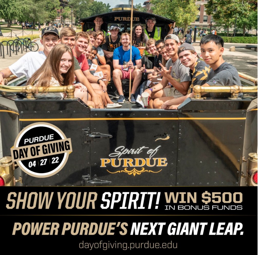 PurdueBME's tweet photo. An early chance to win: The most spirited image or video (with #PurdueDayofGiving and #WeldonSchool hashtag) will win $500 in bonus funds for Biomedical Engineering!! https://t.co/ohFXMYUEGf