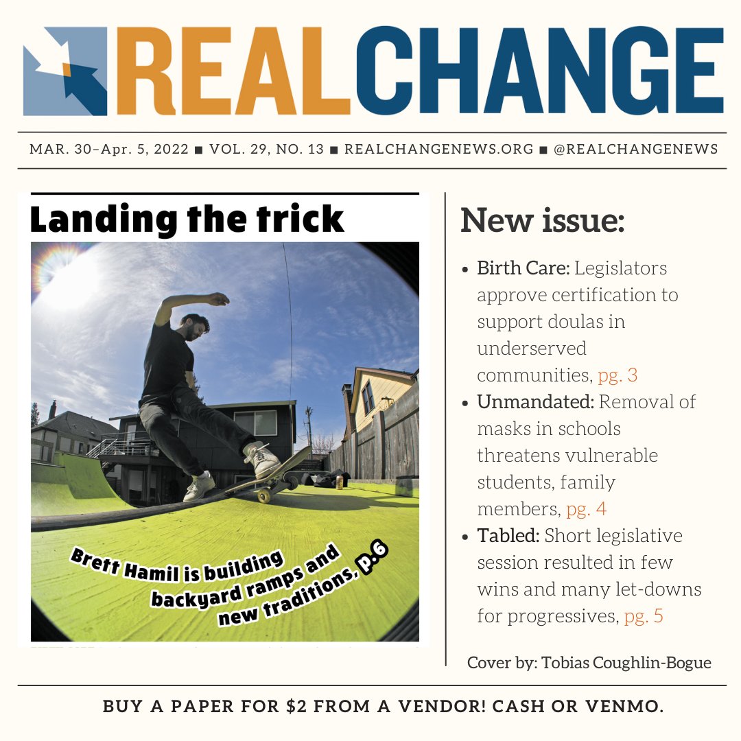 RealChangeNews's tweet photo. New issue out today: Local comedian and longtime Real Change friend @BrettHamil on the brink of releasing his new book on parenting and skateboarding. #RealChange #RealChangeNews #RealChangeSeattle https://t.co/dIOKvxGVSB