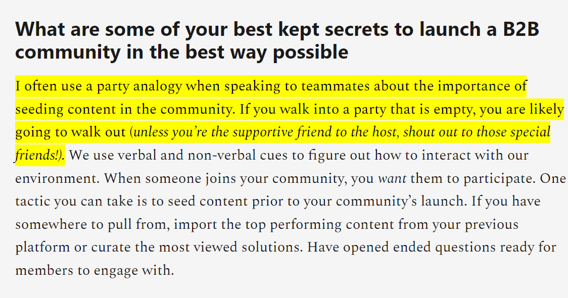 One tactic you can take is to seed content prior to your community’s launch. 🔥

Such a good tip by <a href="/SofMata/">Sofía Rodríguez</a>, Director of Community Venafi on starting a B2B community. 

uncommunity.substack.com/p/ama-w-sofia-…