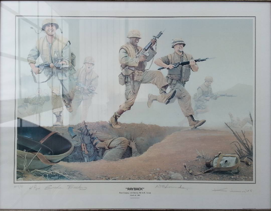 #OTD 1968 Bravo Co 1/26 Marines, launch the only recorded U.S. bayonet charge outside the wire at Khe Sanh Combat Base at dawn to recover the bodies of their comrades. It's depicted in Kevin Lyles's print 'Payback'. @USMCArchives @USMC @MarineMuseum @Marinetimes @VVMF @VietnamMag https://t.co/lN7tCf0goq