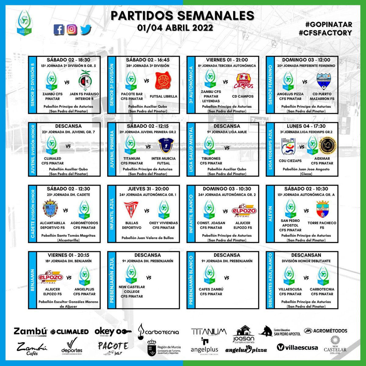 CFS_Pinatar's tweet image. 🧐 Y para finalizar, el Benjamín DH, #AngelPlus CFS Pinatar, viajará hasta Murcia para jugar contra @ElLegadoElPozo.

😍 ¡Menudo JORNADÓN de partidos en CASA! 😺

🚀 ¡Seguimos CRECIENDO! 🚀

#GoPinatar #GoZambú #CFSFactory 💙⚽️💚