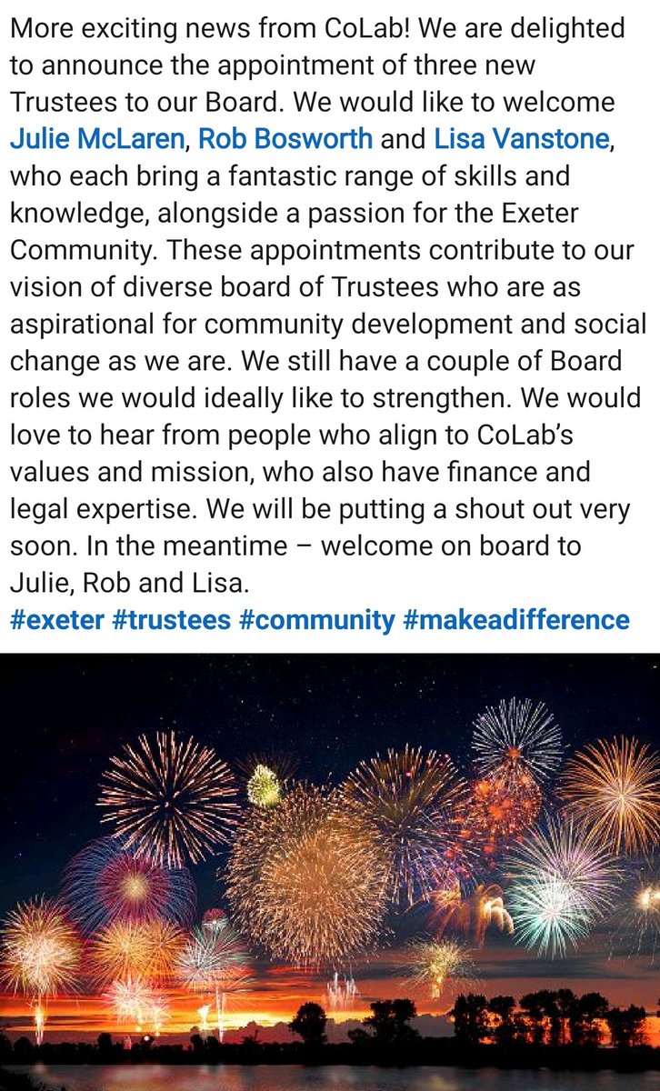ColabExeter's tweet image. We are delighted to welcome 3 incredible new Trustees to the @ColabExeter board. Welcome to @julie_mclaren1 @LisaCVanstone and @RobertBosworth to the CoLab Team. #colab #colabcommunity #exetercommunity
