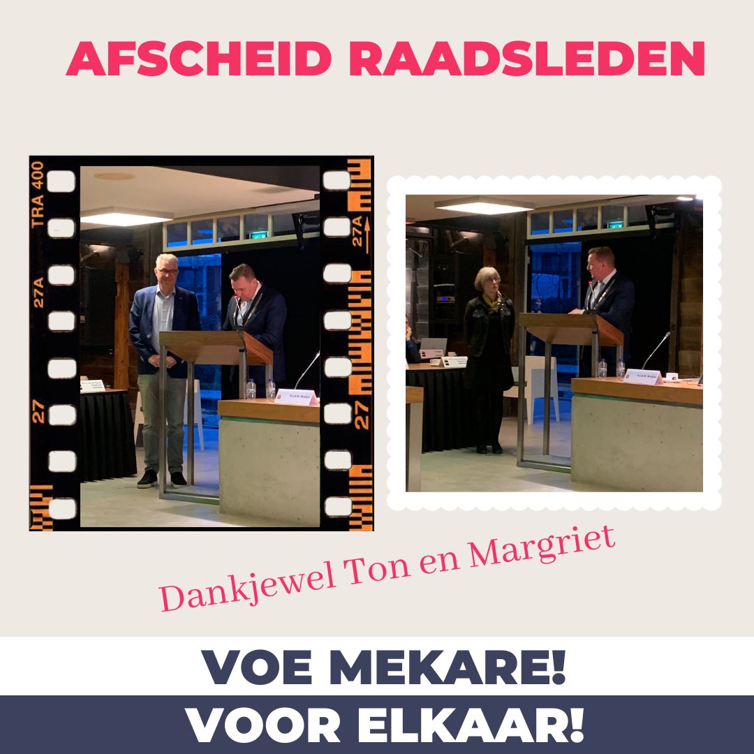 AFSCHEID RAADSLEDEN

Gisteren is er tijdens een speciale raadsvergadering afscheid genomen van verschillende raadsleden. 

Zo namen ook CDA fractieleden Margriet en Ton afscheid. 

We willen ze allebei danken voor hun jarenlange inzet!

VOE MEKARE! 💪🏻💚