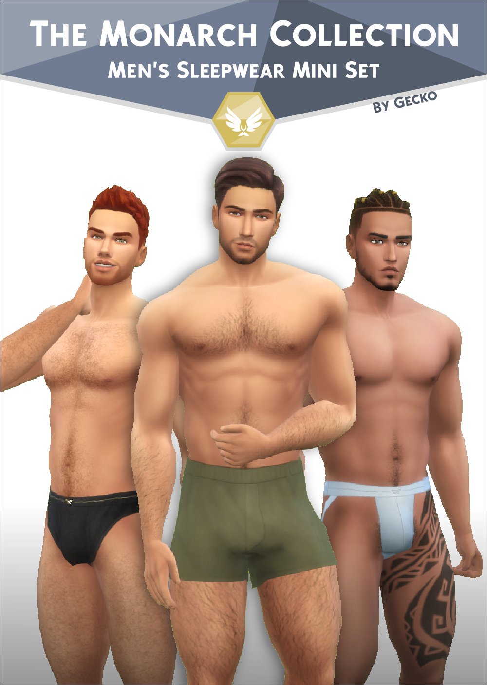 Geko on Twitter: "Its here! The Monarch Collection👑introduces 3 new pairs  of underwear for your male sims! Boxers, briefs and jockstraps! Each comes  with 13 swatches and custom meshes. Enjoy :) 💎DOWNLOAD: