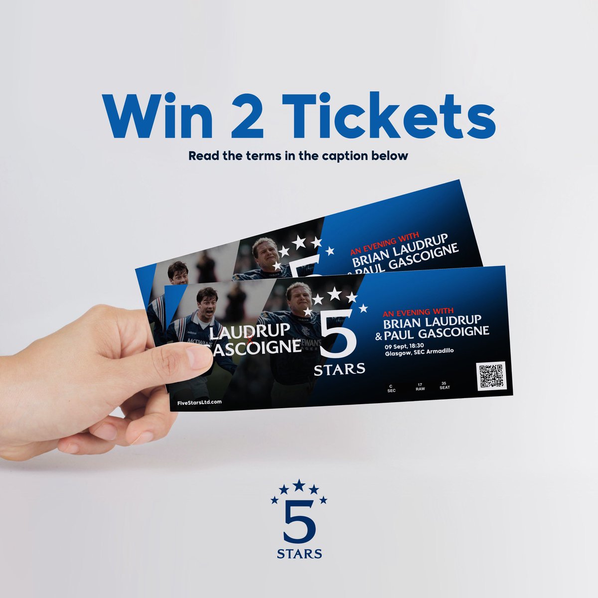 Here's your chance to WIN 2 VIP Tickets to 'An Evening with Brian Laudrup & Paul Gascoigne'. All you have to do is: 🔴 Follow @5Starsltd ⚪️ Tag 4 fellow Bears 🔵 Like & Retweet this post