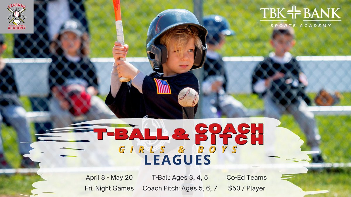 TBKBANKSPORTS's tweet photo. Weather is getting warmer and the baseball diamonds are calling! 
Register today for our T-Ball/Coach Pitch Leagues with Legends. 
https://t.co/E5RVFpV1MD

#visitquadcities #qcthatswhere #quadcities #athletes #sports #youthsports #springleagues #sportsleagues #youthleagues https://t.co/MqktYUOXBK