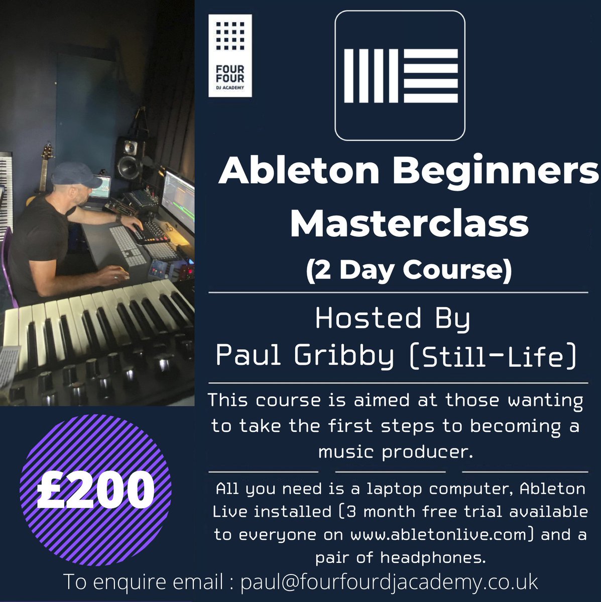 Still_LifeMusic's tweet photo. Pleased to have been invited back to @Fourfourdj to host a two day music production course. This course will run through all you need to get started in music production. info: paul@fourfourdjacademy.co.uk https://t.co/NoGk3ugdzB