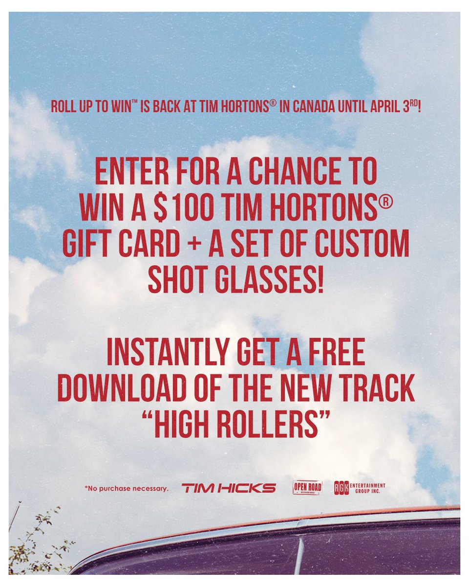 timhicksmusic's tweet photo. Enter here: https://t.co/NeNszrhklX, while supplies last โ๏ธ๐ถ๐ฒ
#HighRollers #RollUpTheRimToWin #TimHortons #WhiskeyDoes #contest https://t.co/1l8ZF7twDK