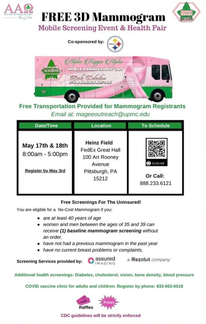 AKAPGHAAO's tweet photo. May 17-18, 2022, The Alpha Kappa Alpha Mobile Mammography Unit will be in Pittsburgh, PA. 

**Registration Deadline is May 3, 2022!
To register call: 888-233-6121 or online at https://t.co/KwUNYRiLvE

Free transportation for mammogram registrants!  
Email: mageeoutreach@upmc.edu https://t.co/sJXkgGz5Vq