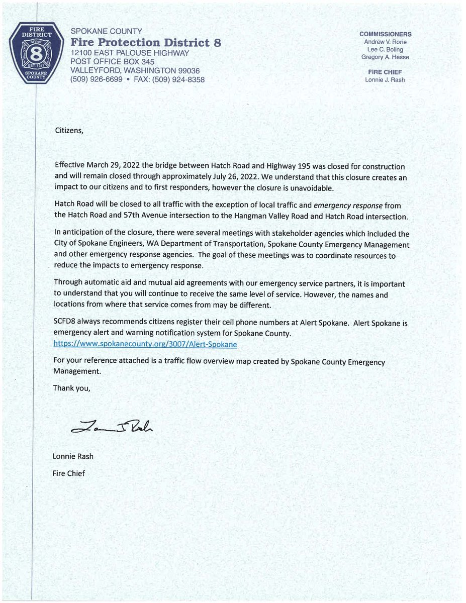 SCFD8's tweet photo. Attached is letter regarding the Hatch Bridge closure. SCFD8 and community partners working together to continue to provide high level of service. @WSDOT_East  @SpokaneFire @GEGEmergencyMgt  @SpokaneCity @SpokaneValleyFD @waDNR_fire #scfd3 🚧🚒#scfd8serving75years https://t.co/Imnz4FhLZM