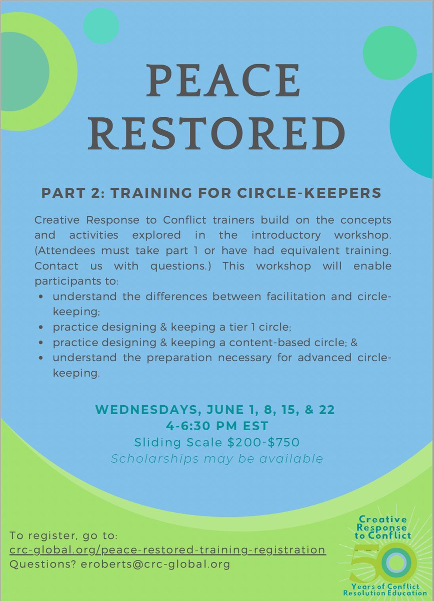 Join us for another run of our 2-part restorative practices course,Peace Restored,this spring! Register now: bit.ly/36nPQWf  Please share!
#conflictresolution 
#restorativejustice 
#transformativejustice
#restorativepractices 
#nonviolence 
#mediation
#peace
#peacemaker