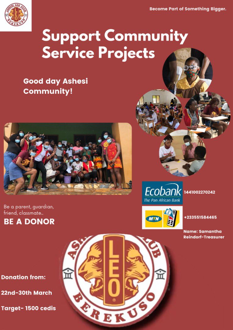 AshesiLeoClub's tweet photo. As an SCS donor, you can donate as much as you’d like to the Ashesi Leo club to support the club’s initiatives on health, the environment, awareness creation, education, sanitation and many more.
#SupportCommunityService
#Fundraising
#AshesiLeos
#WeServe
#District418 https://t.co/7ejb0nn1t7