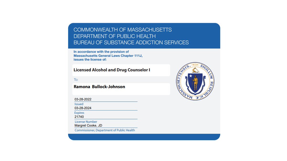 RBullockJohns1's tweet photo. As I approach 2-yrs post master's degree, with specialized substance use disorder training, I am now fully credentialed in #Massachusetts. A special thanks goes to my clinical supervisor at @NCStateSW, Dr. David C. Fitzpatrick, LCAS and Professor Michelle Guarino, LCSW. #NASWMA https://t.co/b4NSmn8Drr