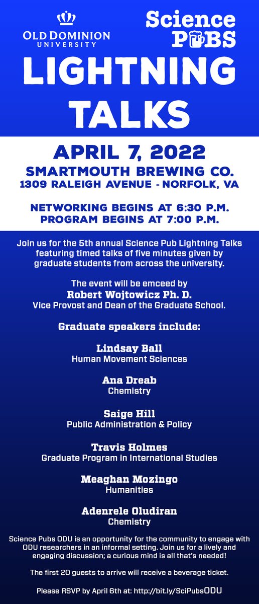 Don’t miss our next Science Pub event on 4/7 at 
<a href="/smartmouthbeer/">Smartmouth Brewing</a> in Norfolk with <a href="/odu_gradschool/">ODU The Graduate School</a>.  The event will feature graduate students from across ODU sharing 5 minute timed talks about their research.  Check out the details below and register here:

fs25.formsite.com/researchdev/jx…