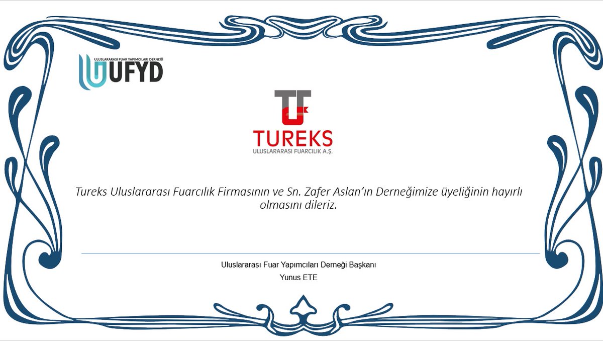 ufyd2019's tweet photo. Tureks Uluslararası Fuarcılık Firması ve Sn. Zafer Aslan derneğimize hoşgeldiniz. Uluslararası Fuar Yapımcıları Derneği olarak sizleri aramızda görmekten büyük mutluluk duyuyoruz. @tureksfuar
#ufyd #tureksfuarcilik https://t.co/FMtWQPBnbT