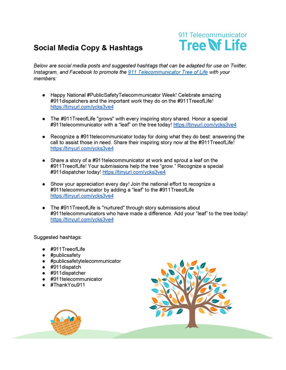 nasna911's tweet photo. Attached are social media posts and suggested hashtags that can be adapted for use on Twitter, Instagram, and Facebook to promote the 911 Telecommunicator Tree of Life! #911treeoflife https://t.co/URJvJCm9WR