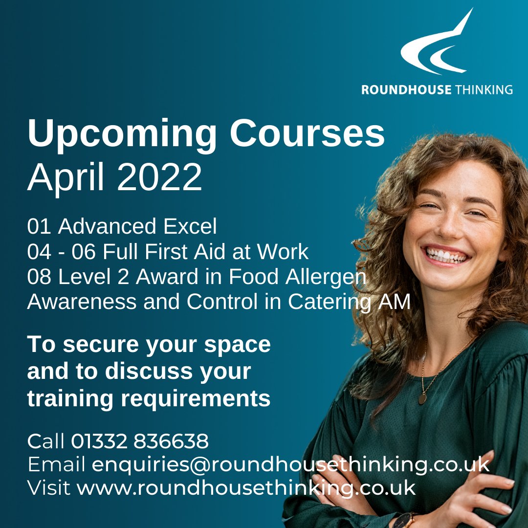 RHThinking's tweet photo. In April, we will be offering courses in Advanced Excel, Full First Aid at Work, &amp; Food Allergen Awareness and Control in Catering.
Secure your place or find out more information 👇
📧 enquiries@roundhousethinking.co.uk
💻https://t.co/21KmeEcr19
#Training #Learning #Derby https://t.co/WfNOw3C5x4