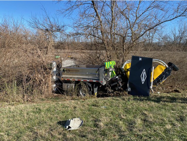 ODOT_Dayton's tweet photo. On Monday, a truck slammed into the back of our crew on I-70 WB near I-675, while performing a maintenance operation. Thankfully our driver is ok. This is the 66th ODOT crew struck in 2022. This is a reminder to #movover, #slowdown and #payattention to all roadside workers https://t.co/7NlsOWCyUT