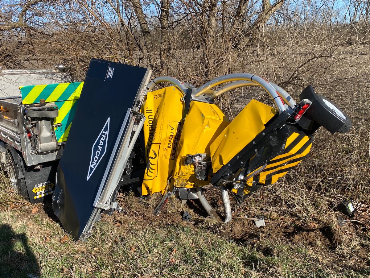ODOT_Dayton's tweet photo. On Monday, a truck slammed into the back of our crew on I-70 WB near I-675, while performing a maintenance operation. Thankfully our driver is ok. This is the 66th ODOT crew struck in 2022. This is a reminder to #movover, #slowdown and #payattention to all roadside workers https://t.co/7NlsOWCyUT