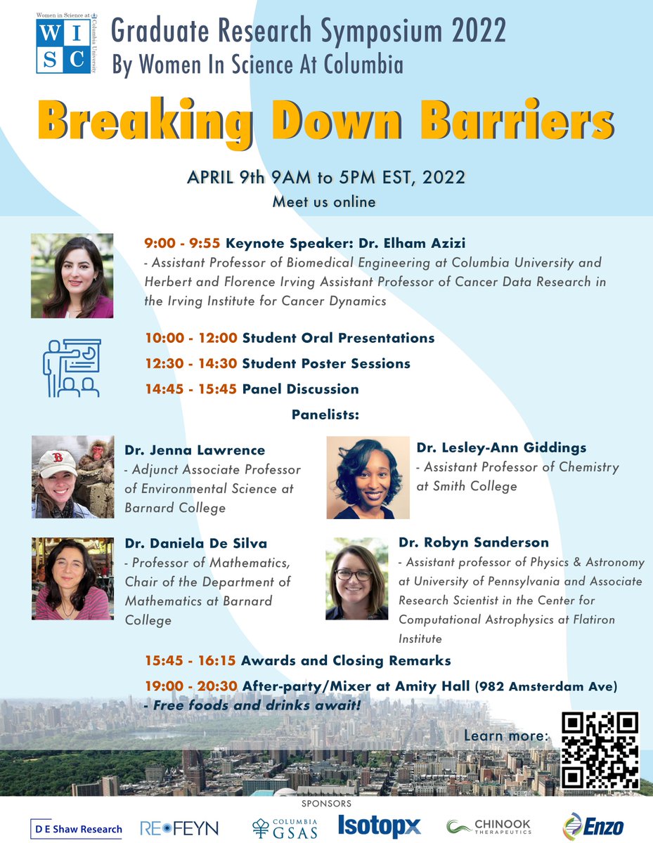 ColumbiaWIS's tweet photo. Join us online for our annual Graduate Research Symposium on April 9th! We have a day packed full of student presentations and posters, a panel on Breaking Down Barrier and a keynote from @elhamazizi. Drinks and food will be on us afterwards at Amity Hall! https://t.co/AAbMvcqFVG https://t.co/Qb4ScnGBzG
