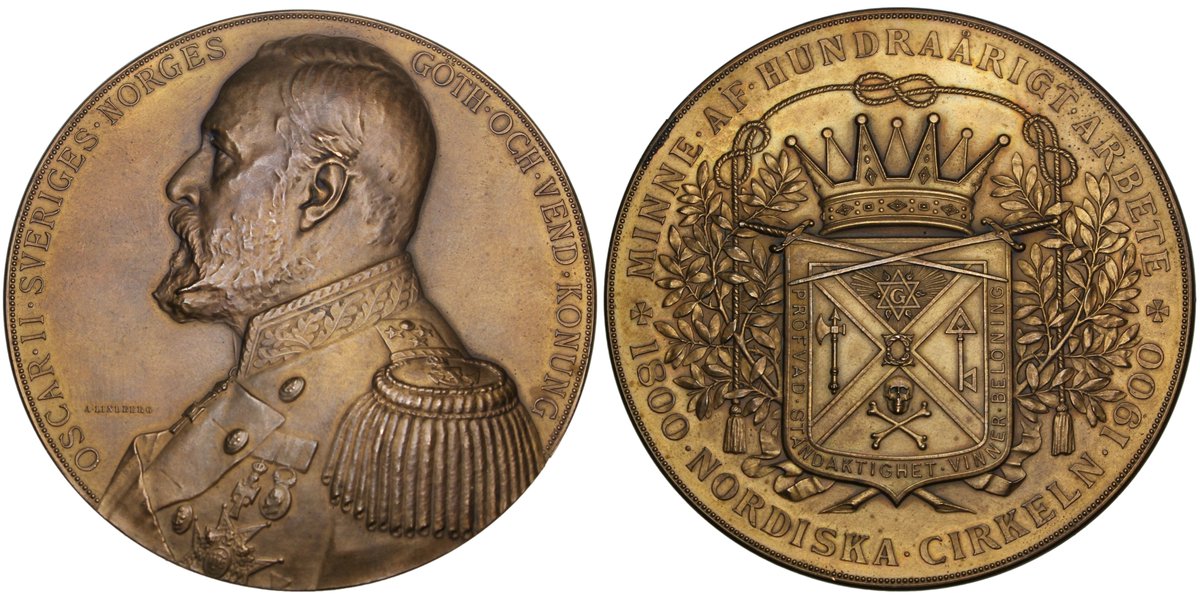 numismagram's tweet photo. This masonic-related bronze medal from 1900 features a #skull and crossbones as well as King Oscar II, and celebrates the 100th anniversary of the St. Andreas Lodge "Nordic Circle" in Stockholm! ➡️$235⬅️ https://t.co/uvu5Q85Xpq #numismatics #exonumia #medallicart https://t.co/udlF1BMUTO
