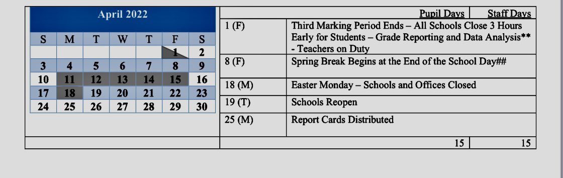 ➖Friday, April 1st: End of Marking Period   School Closes 3 Hours Early