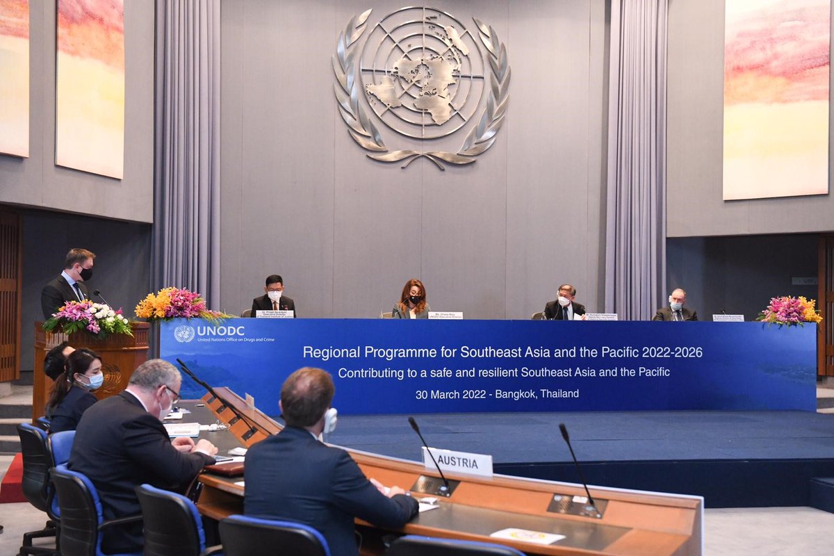 UNODC's tweet photo. UNODC launches a new Regional Programme for Southeast Asia &amp; the Pacific 2022-2026 with @GhadaFathiWaly &amp; key Thai representatives, focusing on transnational organized crime, illicit trafficking &amp; the security of communities in the region.
➡️  https://t.co/xcBwnGlql4
@MFAThai https://t.co/vRzlm7gTSV