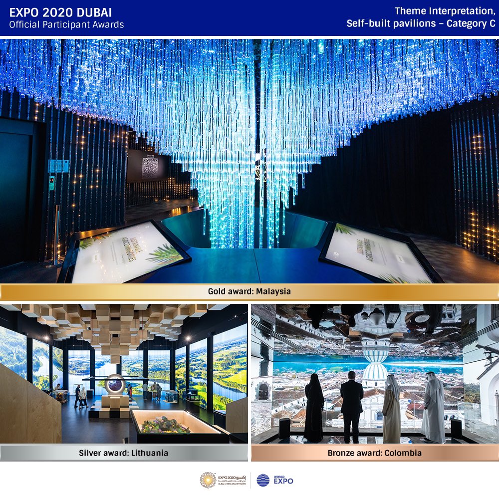#Expo2020 Dubai Official Participant Awards – Theme Interpretation
Self-built pavilions – Category C (smaller than 1,750m2)
🥇 Malaysia
🥈 Lithuania
🥉 Colombia