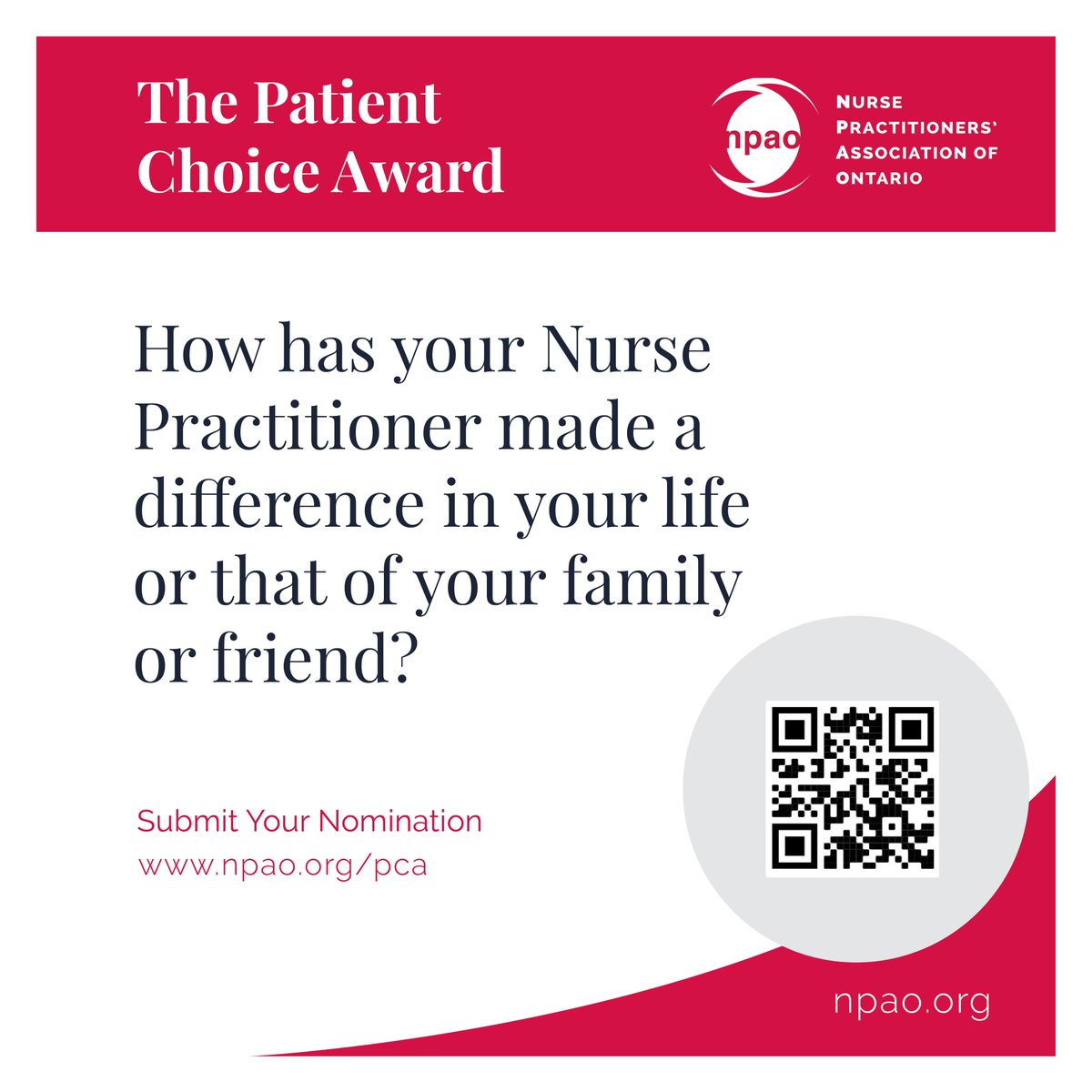 NPAOntario's tweet photo. Nominate a #Nurse Practitioner for the #Patient Choice Award!
How has your Nurse Practitioner made a difference in your life or that of your family or friend? 
Submit Your #Nomination at https://t.co/HlsZu1Dmav 
Deadline: Friday, June 17, 2022
#PatientChoiceAward #PCA2022 #NPAO https://t.co/K84fSUDJb8