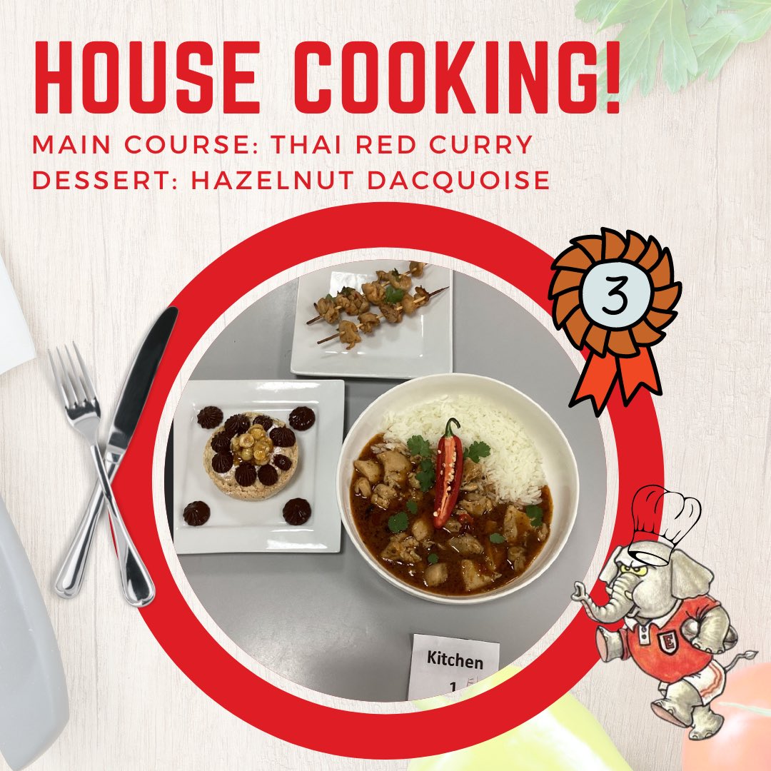 Huge well done to Holly B, Katie R, Zakareya C and Shweta A today who represented Elgar in House Cooking!! They made a Thai Red Curry and a Hazelnut Dacqouise and wow’ed the judges to get 3rd place overall! Excellent work guys 👏🍽🇹🇭🇫🇷