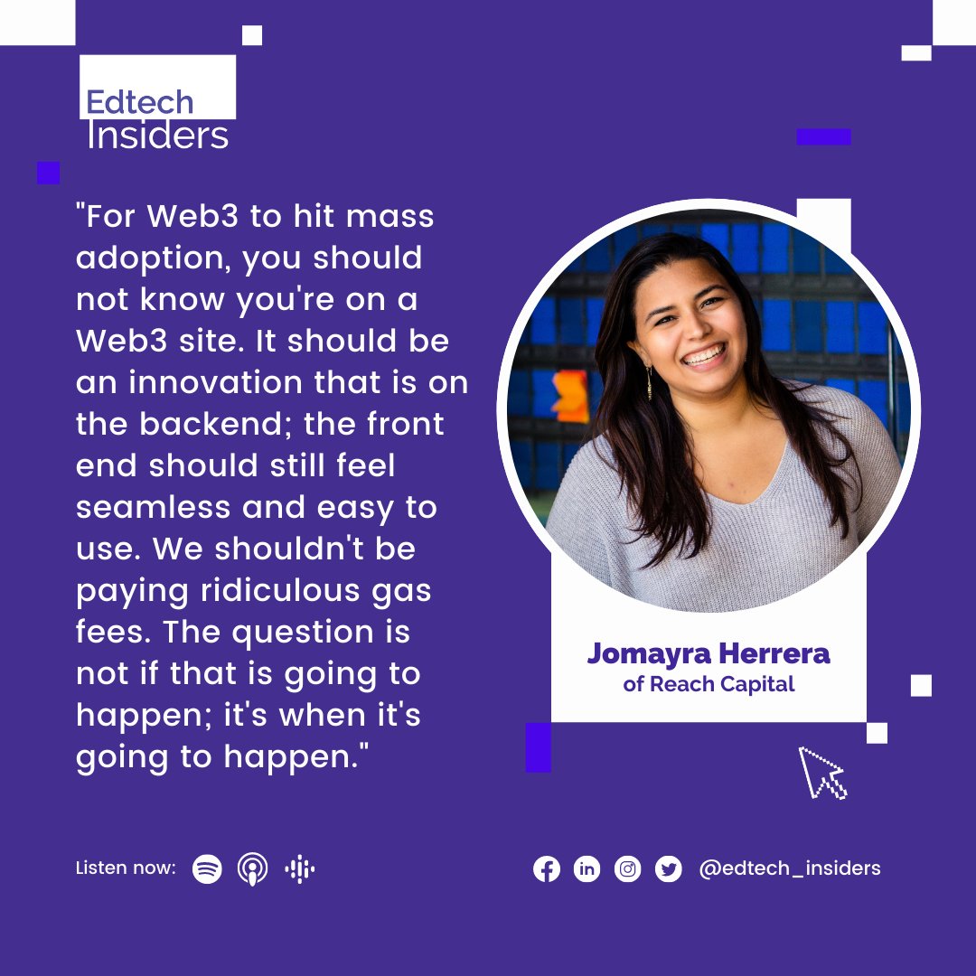 For Jomayra Herrera of Reach Capital, there is no doubt Web3 will hit mass adoption. What does this mean for education? Hear more on the Edtech Insiders podcast. 

Catch her conversation with Alex Sarlin here: edtechinsiders.buzzsprout.com/1877869/101306…