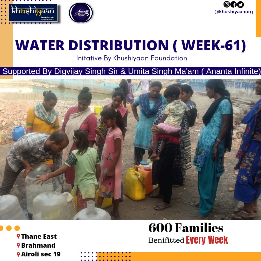 Khushiyaan_Org's tweet photo. Water Distribution- #week61 .
Location - Thane East, Brahmand, Airoli sector-19.
600 families at our Mumbai Rotighar slums is benefitted with clean drinking water weekly. https://t.co/pH9UtJLRr2