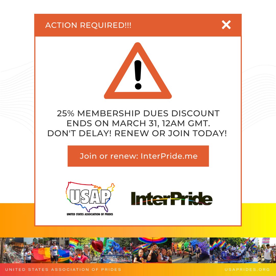 usaprides's tweet photo. The 25% discount on annual membership dues will end tomorrow, March 31. Renew or join to be a member of US Association of Prides and InterPride! Learn more and fill out your member application at https://t.co/fG5i41AiBV https://t.co/YYA8tUx2q4