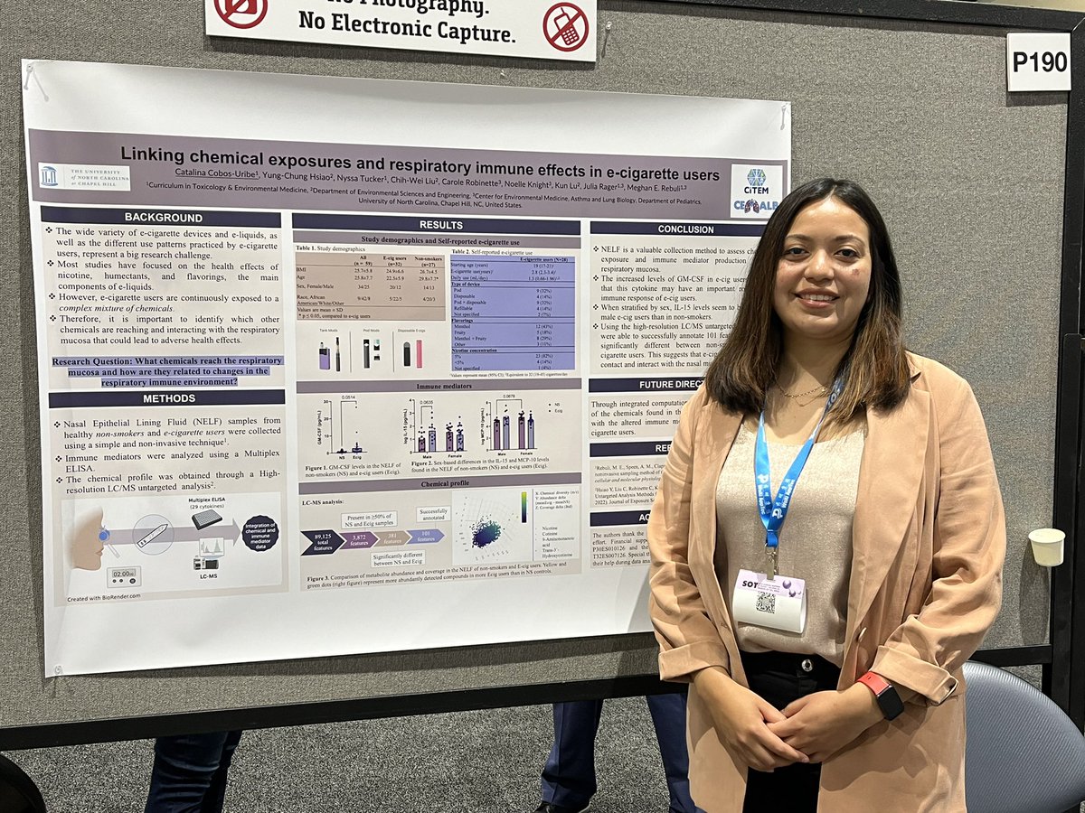 meradfor's tweet photo. Come check out @CatyCobos’s awesome poster at @SOToxicology! #P190. @UNCCEMALB #2022SOT https://t.co/2aiud129RU