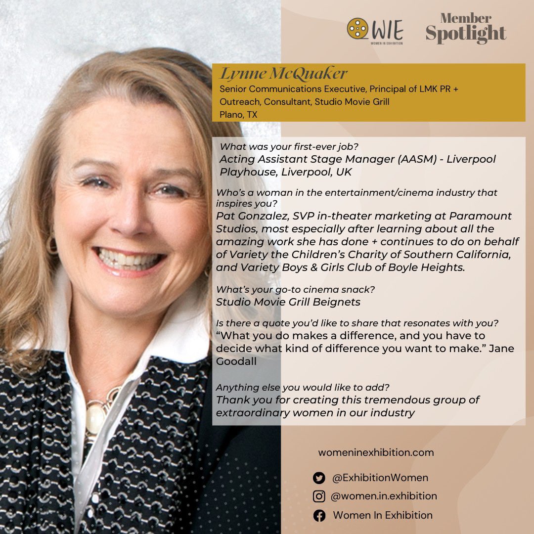 ExhibitionWomen's tweet photo. “What you do makes a difference, and you have to decide what kind of difference you want to make.” - Jane Goodall
Every week, #WIE has the opportunity to highlight a dynamic member of our organization. Learn more about Lynne McQuaker!
#WomenInExhibition #WIEMemberSpotlight #wcw https://t.co/ZCLpoI65mH