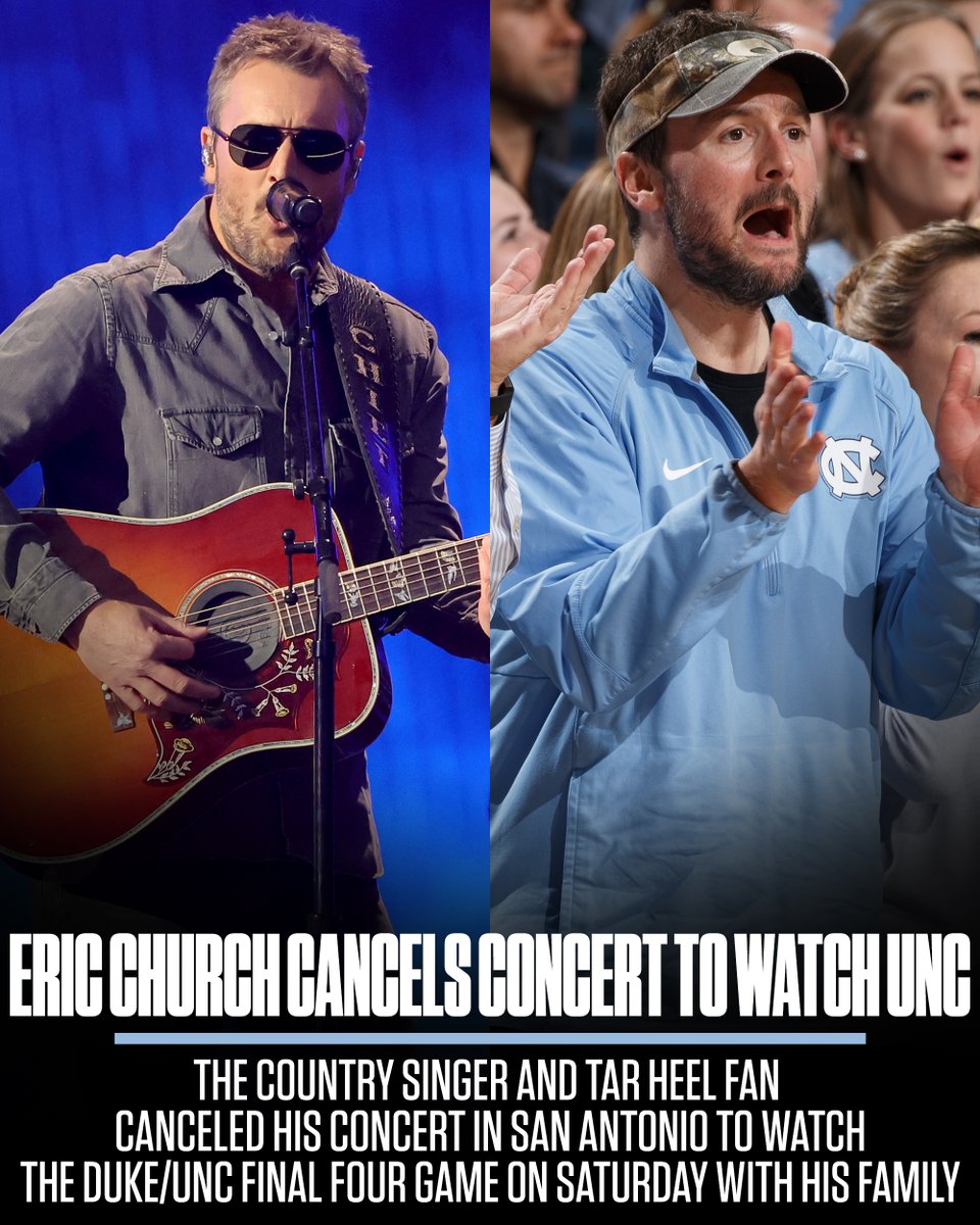 NBCSports's tweet photo. For country singer and @UNC_Basketball super fan @ericchurch, a first-of-its-kind Final Four game vs. Duke is "any sports enthusiast's dream."

That's why he announced he's canceling his concert on Saturday to watch the game with family. #MarchMadness https://t.co/FhcWWPm0En