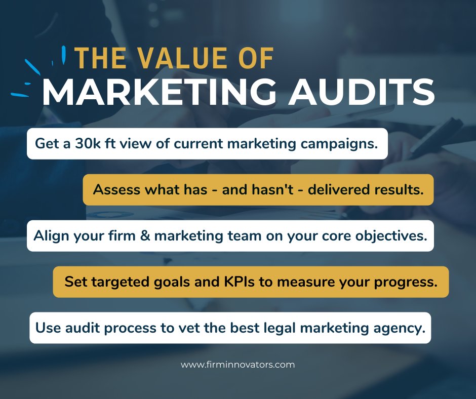 FirmInnovators's tweet photo. A smart marketing audit can help you improve your #lawfirm’s bottom line and ensure that you’re focused on the most effective methods for reaching your goals.

Want to learn more? Read today's blog post: https://t.co/mwgZuzNKrl https://t.co/6yxPJMFJkt