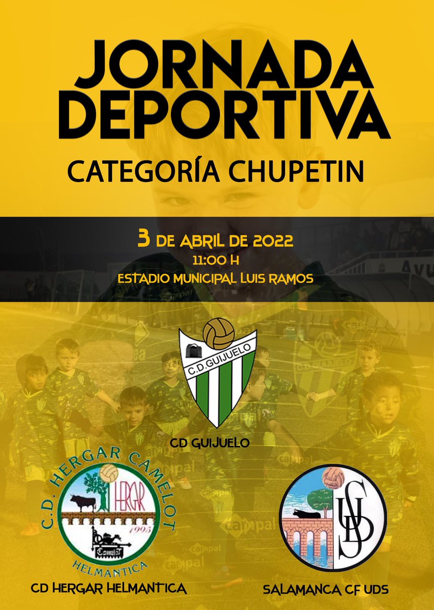 ¿Teníais  ganas de ver en 𝔸𝕔𝕔𝕚𝕠𝕟 a los más pequeñines de nuestra cantera 👶🏼?

❗️Ese día ha llegado❗️

🅓🅞🅜🅘🅝🅖🅞 3 de Abril a las 
1️⃣1️⃣ h en el📍 Luis Ramos ,la categoría 𝓒𝓱𝓾𝓹𝓮𝓽𝓲𝓷 disfrutará de una jornada deportiva junto a los amigos del <a href="/cdHergar/">CD Hergar</a>  y <a href="/BaseUDS/">Base Salamanca UDS</a>