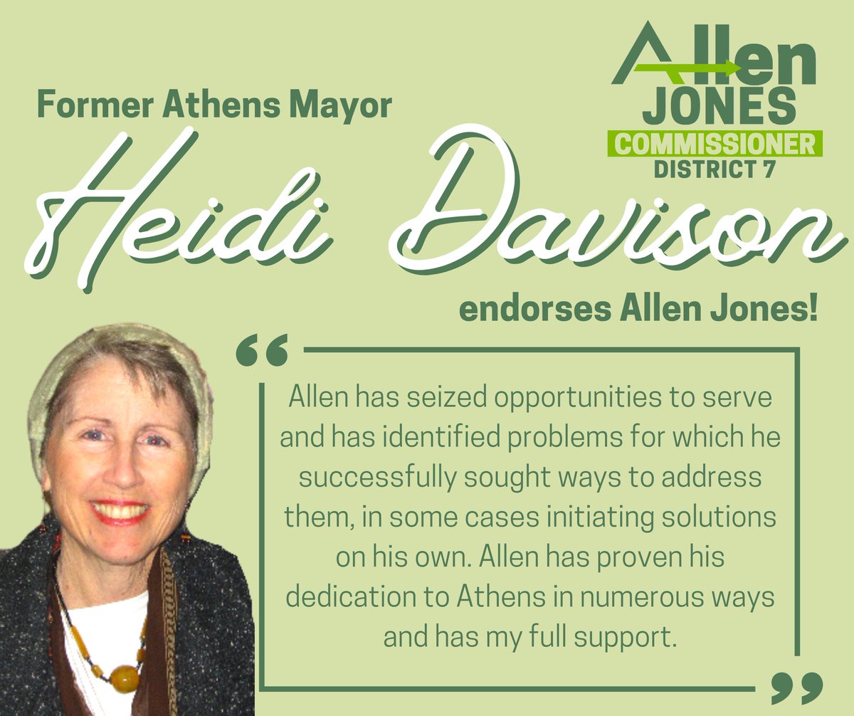 Allenfor7's tweet photo. Great news for Team Allen this morning, as District 7 resident and former Athens-Clarke County Mayor endorses Allen for Commissioner!
#Allenfor7 #Athensga #GaPol https://t.co/vRM0BcA5GX