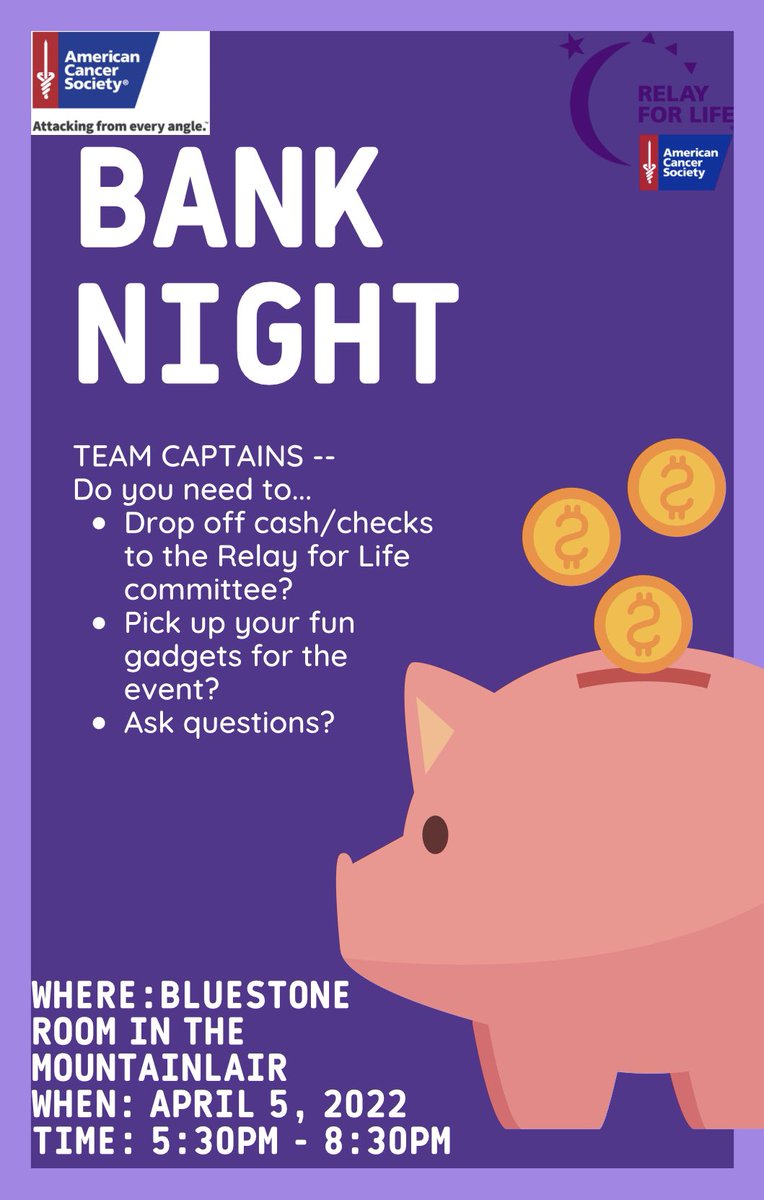 RelayWVUandMON's tweet photo. Team Captains! See you April 5th! Can’t pick up your items on this day? DM us or EMAIL us and we can find a different pick up option🎗✨💜 https://t.co/eyGYH9Svoa