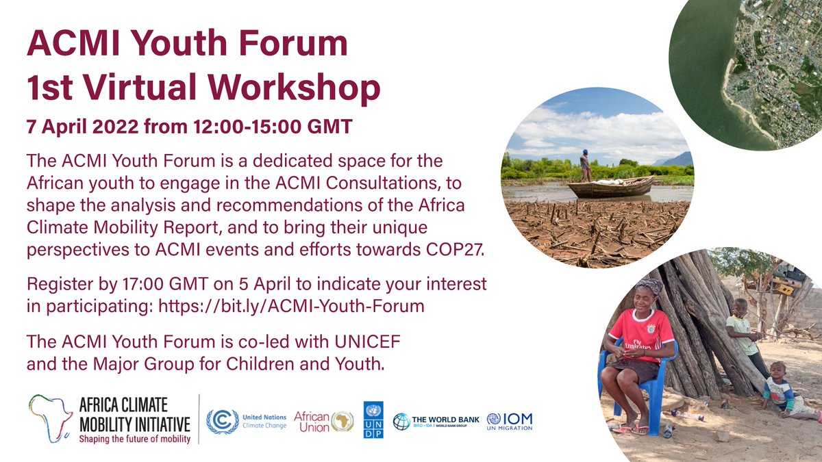 Are you between 15-35 years old &amp; interested in #ClimateMobility in Africa? Join the ACMI Youth Forum's 1st workshop on 7 April. 

With <a href="/UNICEF/">UNICEF</a> &amp; <a href="/UNMGCY/">MGCY</a>, ACMI is inviting the African youth to discuss #ClimateMobility. 

Indicate your interest here bit.ly/ACMI-Youth-For…

#COP27