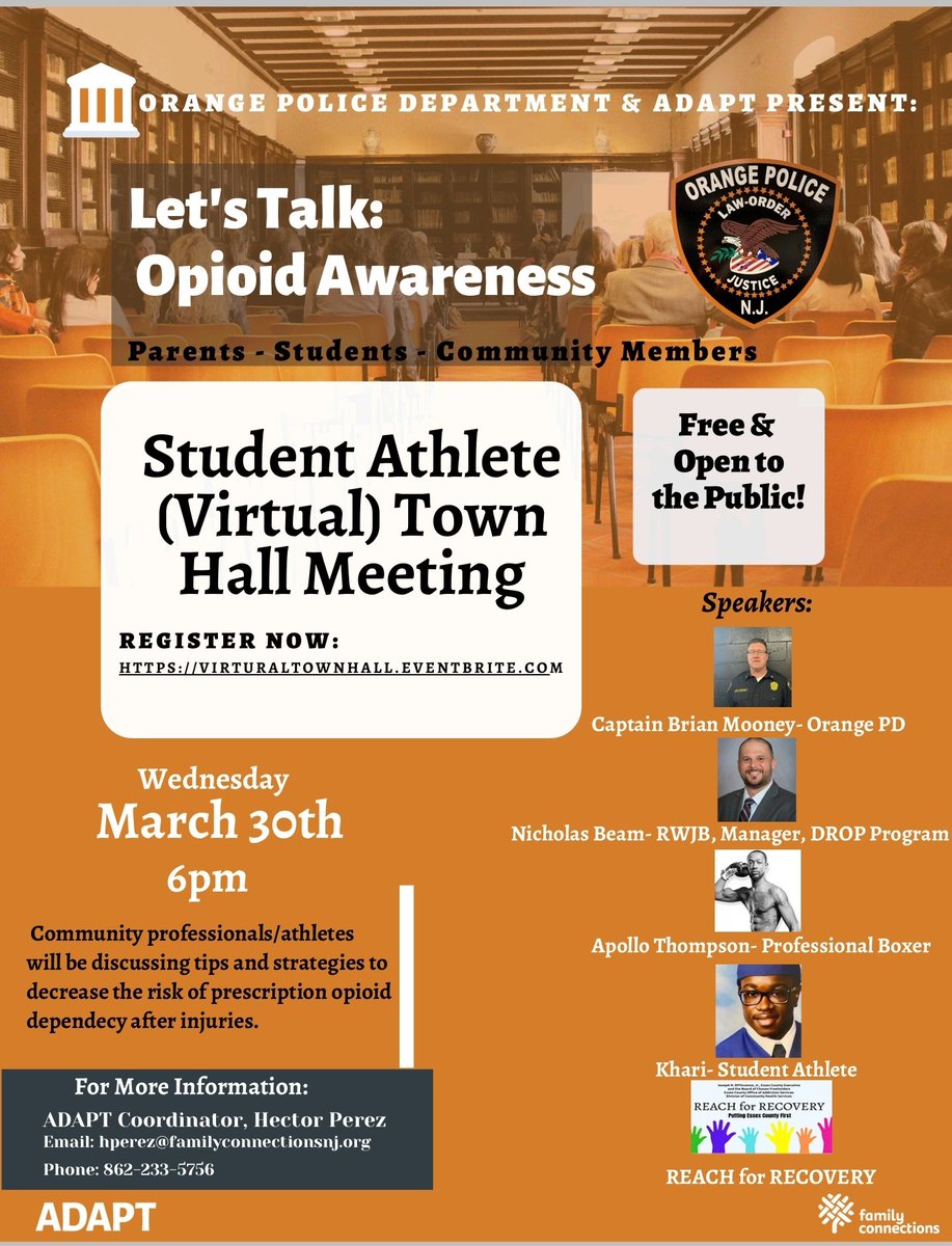 The Orange PD &amp; ADAPT are hosting a virtual Town Hall this evening discussing the risks &amp; dangers of Opioid use after injuries. Please join us &amp; an amazing panel of guest speakers starting at 6pm. Click the link to join.
eventbrite.com/e/orange-towns…